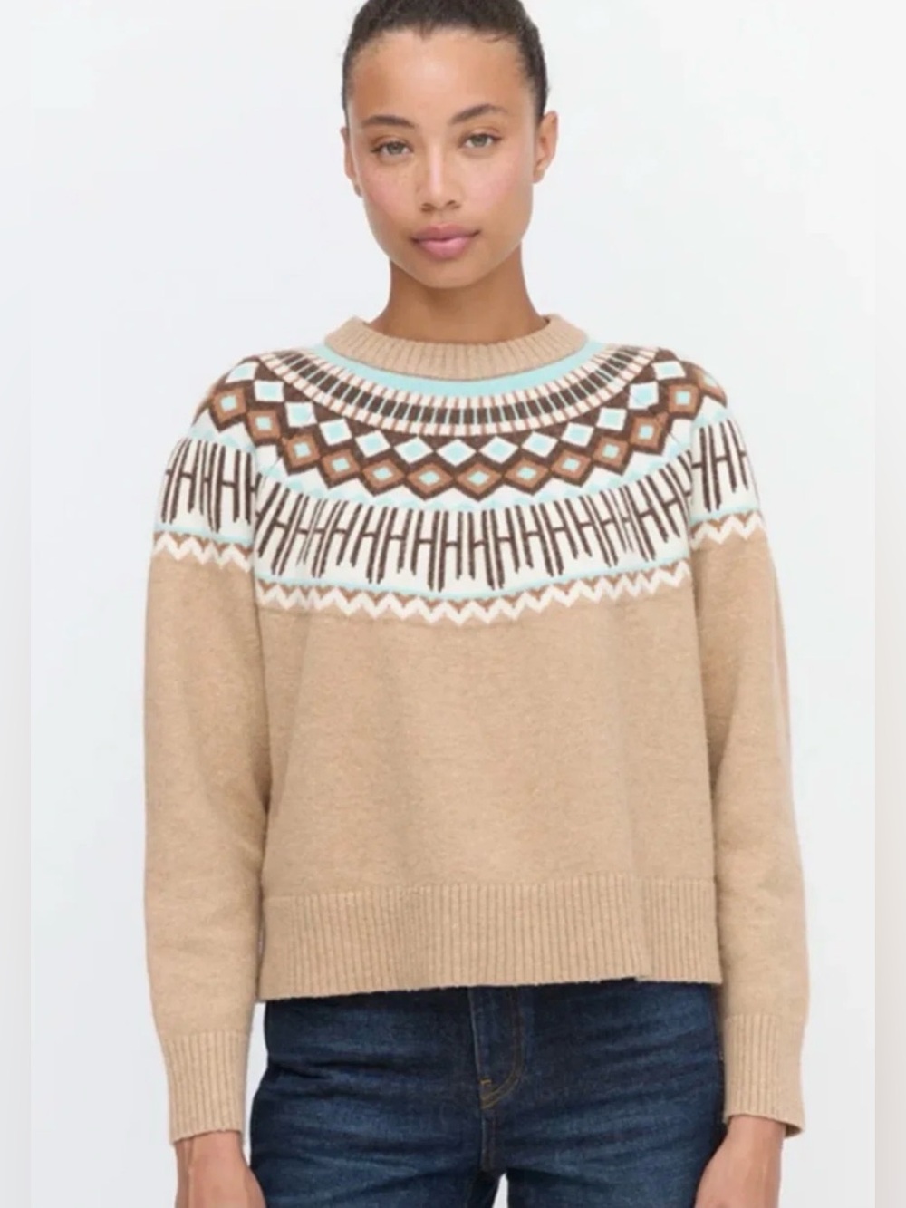 Hill House Klaire Beige Fair Isle Crew Sweater with Aqua Accents No Size M or L?
